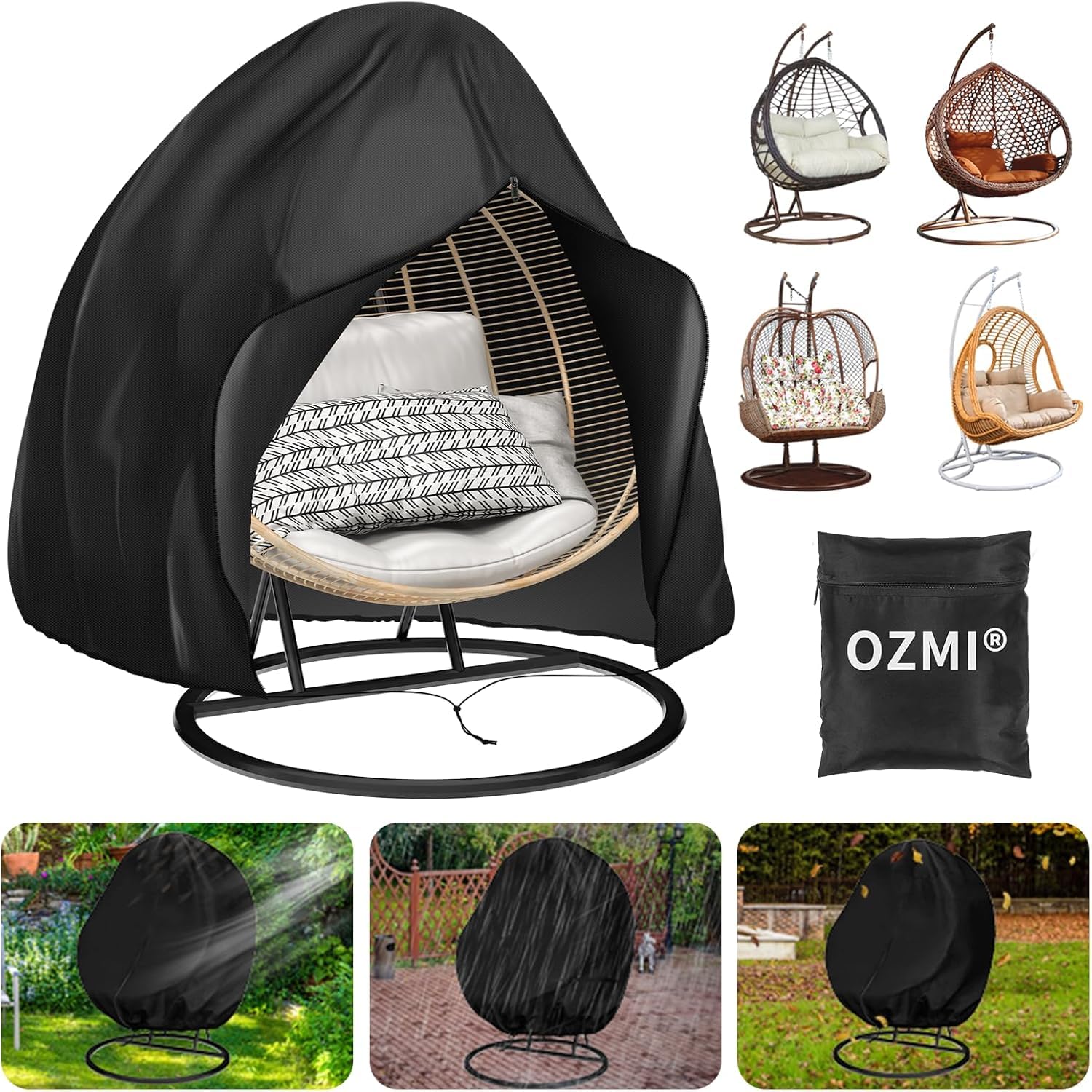 OZMI Double Egg Chair Cover, 200 x 230cm 420D Waterproof Hanging Eggs Chairs Covers with Zipper Drawstring, Large Garden Standing Swing Chair Cover for Double 2 Seater Eggs Chairs Covers