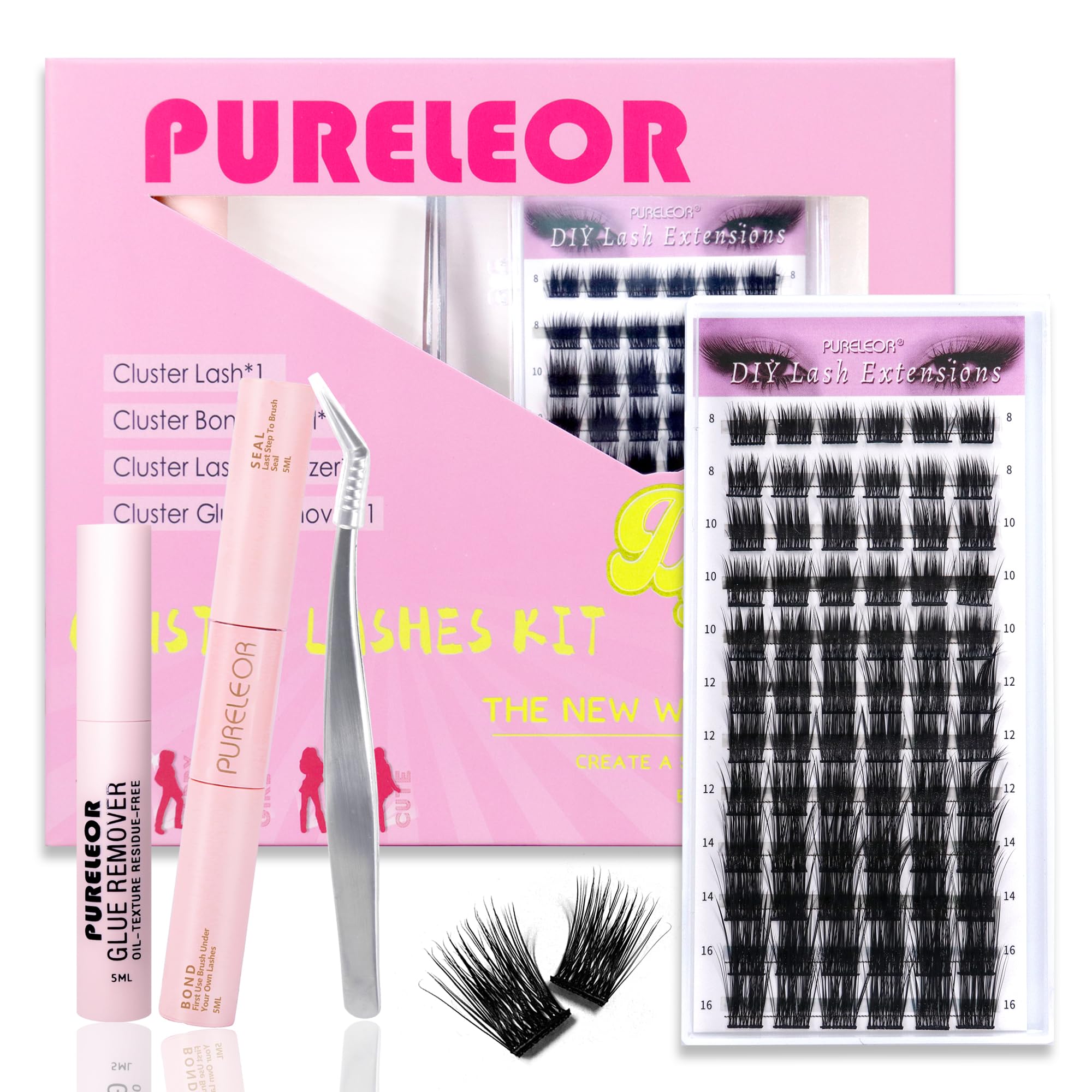 PURELEOR Individual Cluster Lashes DIY Lash Extensions Kit with Bond Seal Tweezers Remover Set — image 1