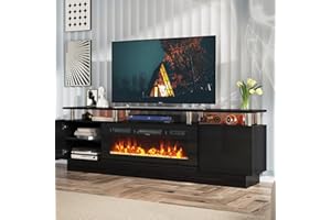 Breezestival Fireplace TV Stand with Two Hinged Doors for TVs UP to 90", Modern Electric Fireplace Entertainment Center with LED Lights & Storage Cabinets, TV Stand for Living Room, 80" Black