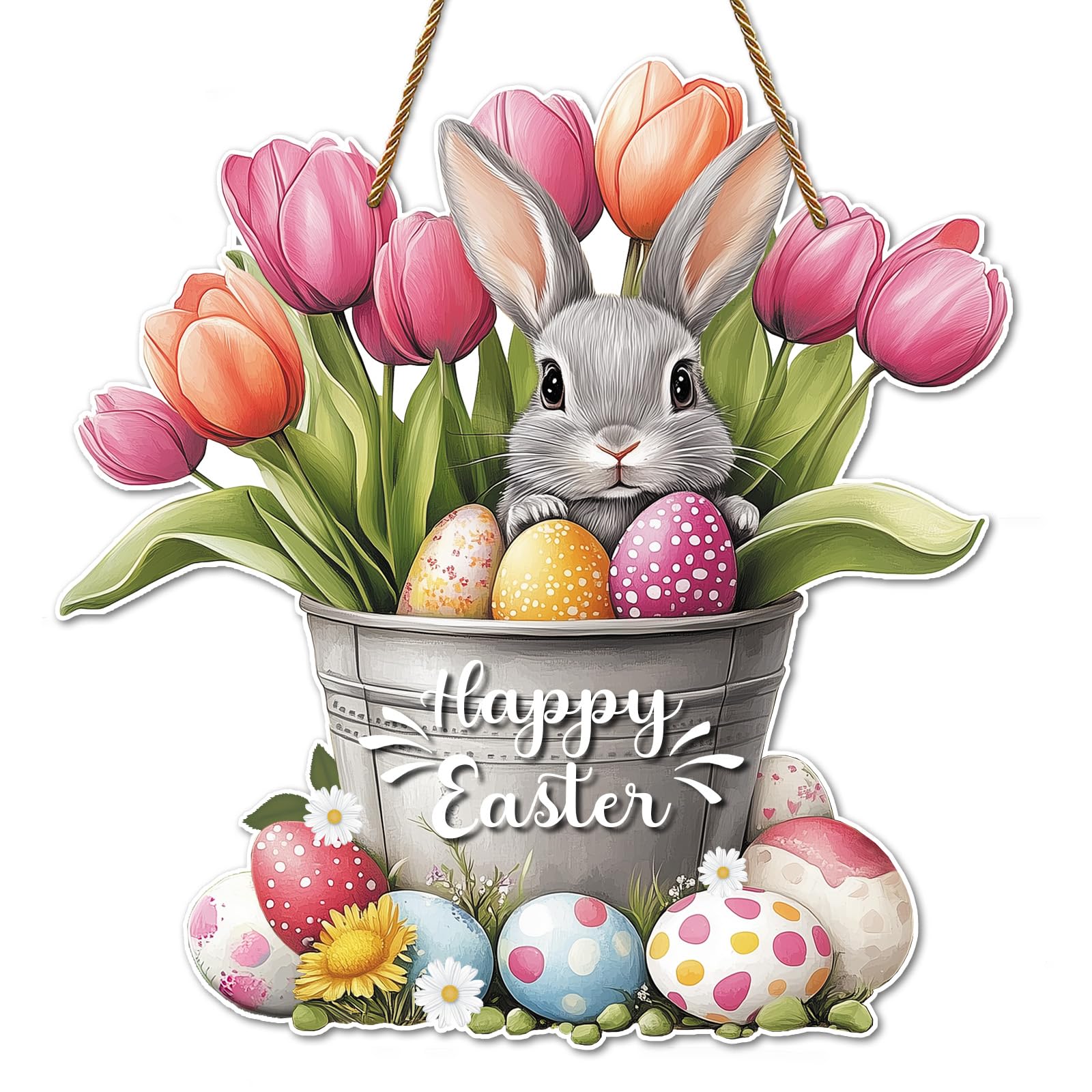Photo 1 of Hoblynth Happy Easter Door Decoration Bunny Floral Bucket Hanging Sign for Decor for Front Door 11.4 Easter door wreath for Home Decor Spring Rabbit Wall Hanger for Porch Outdoor Indoor