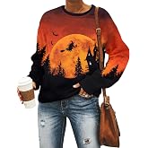Black Cat on Pumpkin Sweatshirt Halloween Sweatshirts for Women Fall Pumpkin Face Tee Lightweight Pullover Tops