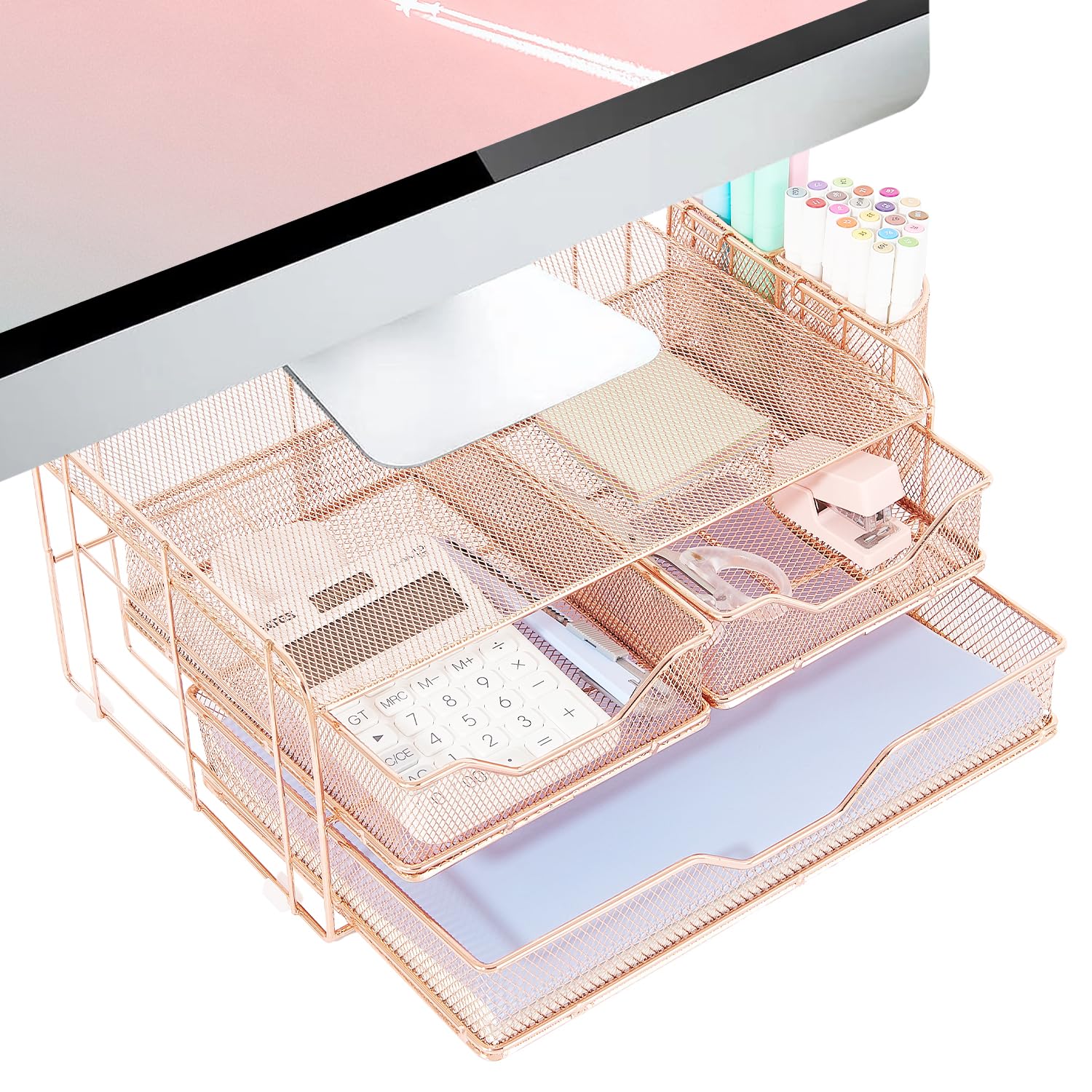 Photo 1 of ECOLOVI 2-Tier Monitor Stand Riser for Desktop Organizer - Computer Stand Office Desk Accessories & Workspace Organizers, Desk Shelf for Dorm Organizers and Storage (Rose gold)