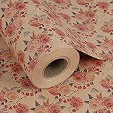 Aimyoo Pink Rose Floral Kraft Wrapping Paper Roll, All Occasion Vintage Flower Gift Wrap for Wedding Birthday Bridal Shower, 17 inch x 60 ft