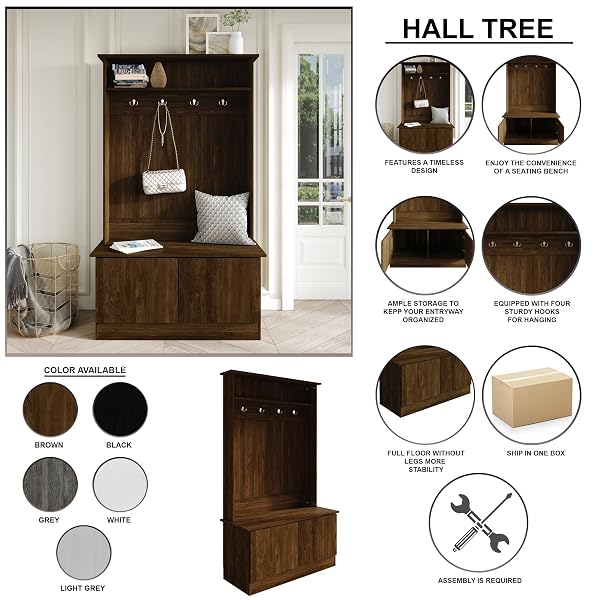 CASTLE PLACE WOODEN HALL TREE WITH BENCH AND STORAGE CABINETS, BROWN