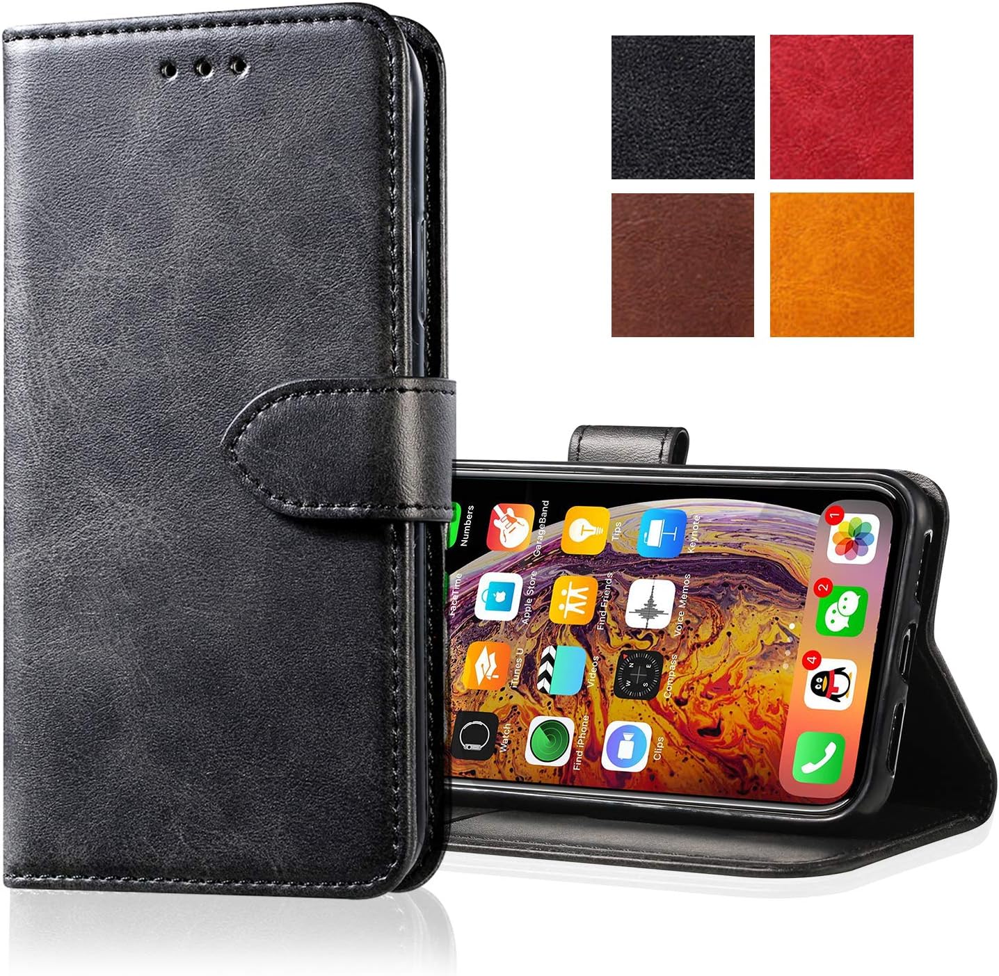 Yonader Apple iPhoneX/Xs Leather Case,Leather Wallet Case [Kickstand] [Card Slots] [Magnetic Closure] Flip Notebook Cover Case for Genuine Apple iPhone X/Xs (Black)