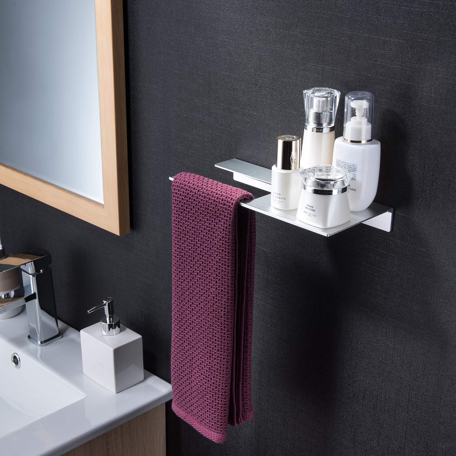 ZUNTO Bathroom Shelf/Bathroom Shelves - Adhesive Shower Shelves with Bathroom Hand Towel Bar Holder No Drilling, Aluminum