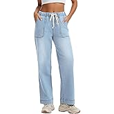 Metietila Pull-on Jeans for Women Straight Leg Elastic Waist Jeans Stretchy Loose High Waisted Denim Pants with Drawstring