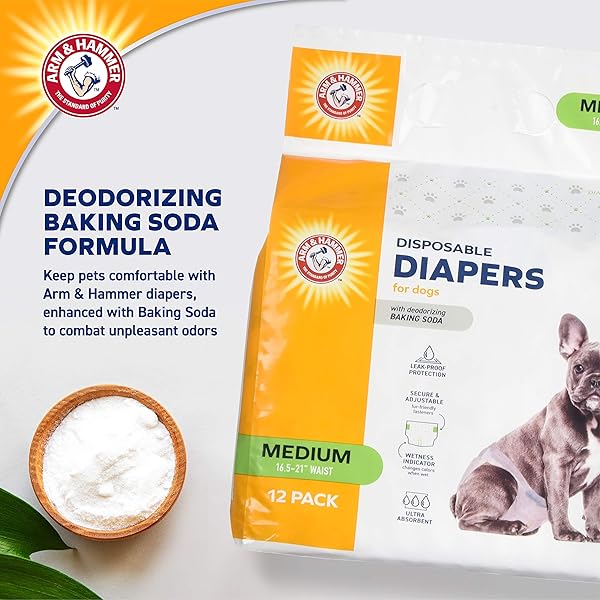 ARM & HAMMER FOR PETS DISPOSABLE FEMALE DOG DIAPERS WITH ODOR CONTROL AND WETNESS INDICATOR, LEAK RESISTANT DOG DIAPERS FOR INCONTINENCE AND HEAT CYCLES, SIZE MEDIUM 16.5–21 IN WAIST, 12 COUNT – 6 PK