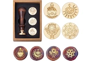 Wiccan Wax Seal Stamp Set, Pagan Pentagram Moon Phases Sealing Stamp Head, Vintage Evil Eye Triple Moon Pentacle and Sun Bott