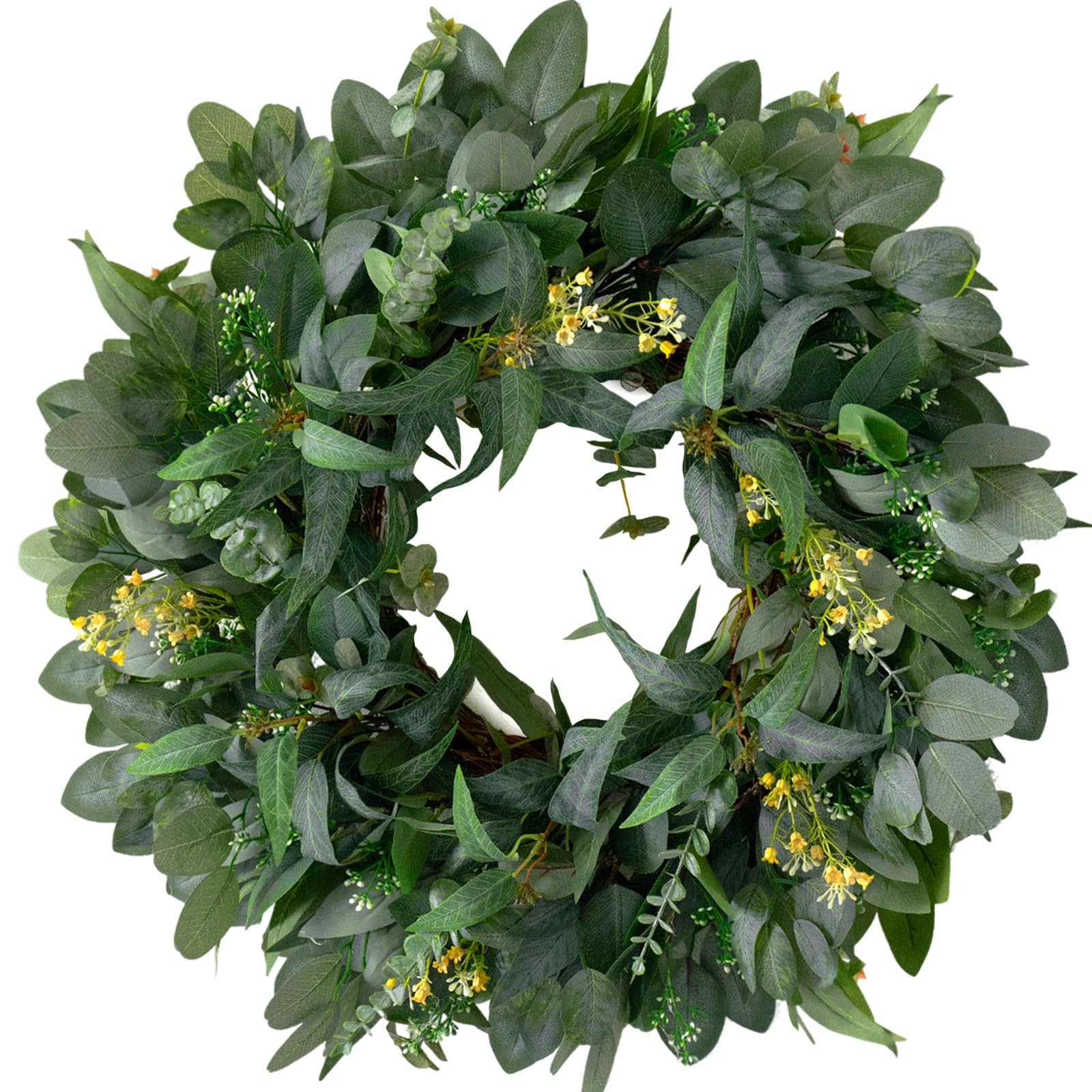 Photo 1 of 26 Inch Artificial Eucalyptus Wreaths for Front Door Outside- Green Year Round Wreath for Spring Summer Fall Winter- All Seasons Evergreen Hanging Decor for Farmhouse Home Firplace Porch,Window,Wall