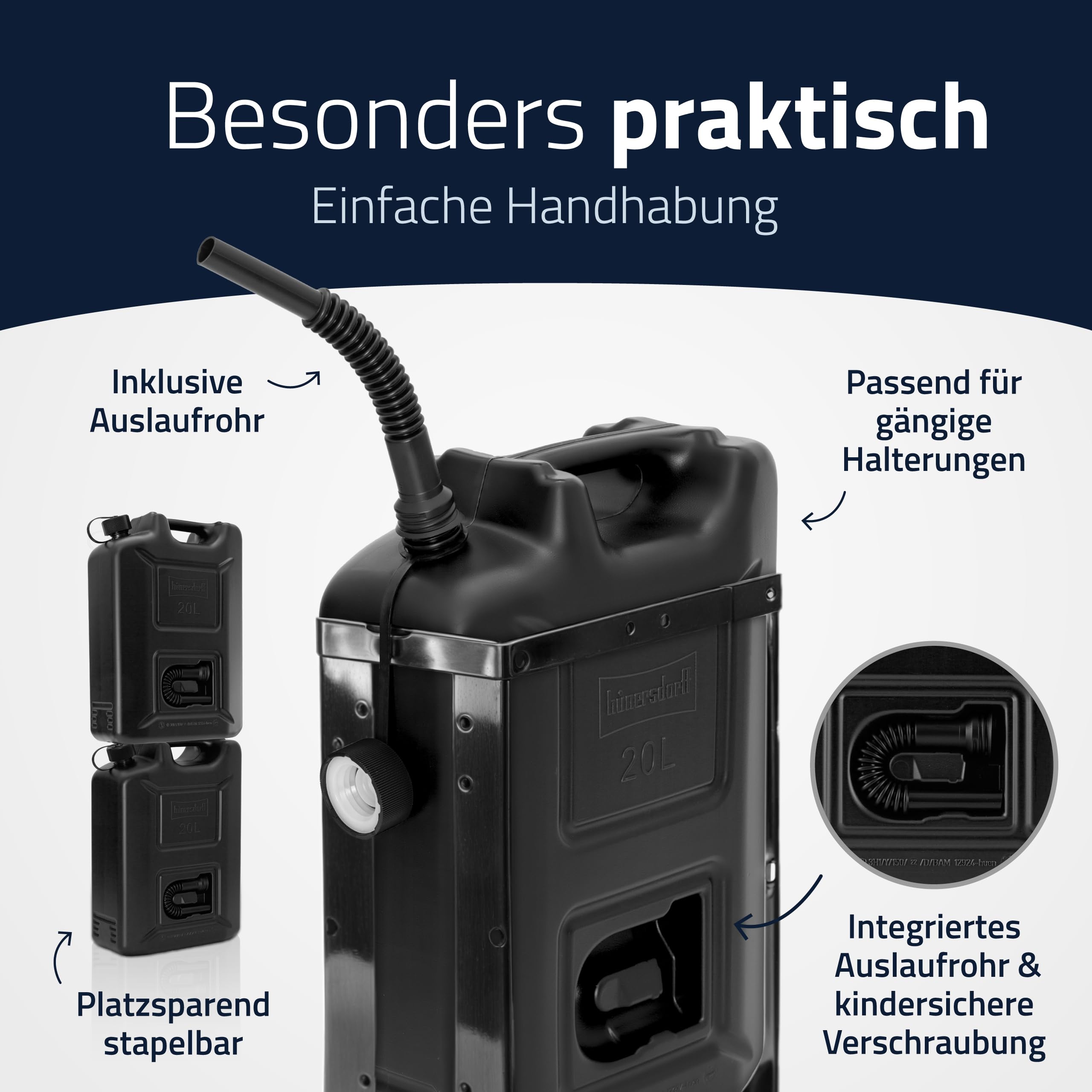 hünersdorff Kraftstoff-Kanister Profi 20L für Benzin, Diesel und andere Gefahrgüter, UN-Zulassung, Made in Germany, TÜV-geprüfte Produktion, schwarz 3