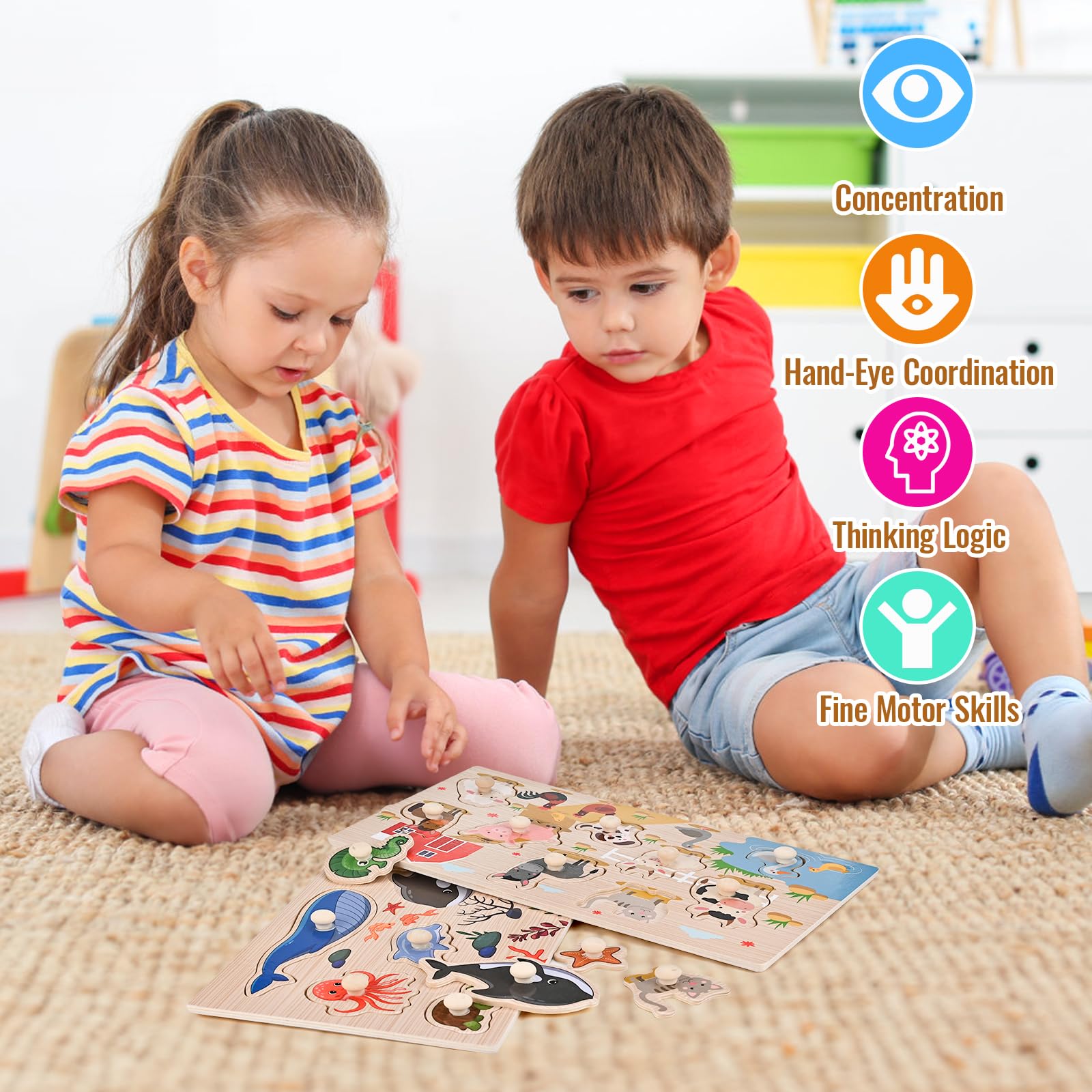 Wooderma Wooden Peg Puzzles for Toddlers 1-3, 2 Pcs Montessori Educational Learning Puzzle Toy Sets - Animal & Sea Themes Puzzles, Great Preschool Gifts for Girls and Boys (6.29 * 11.61in)