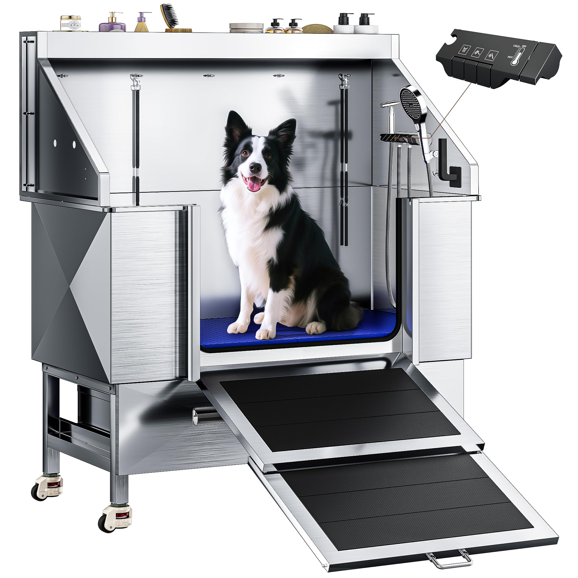 Photo 1 of CAMMOO 61" Dog Washing Station - 304 Stainless Steel, 27.4" Wide Ramp, Water-Storing Dog Bathing Station w/Swivel Wheels, Pet Proof Faucet, 2 Drawers, Dog Bathtub for Large & Medium & Small Dogs