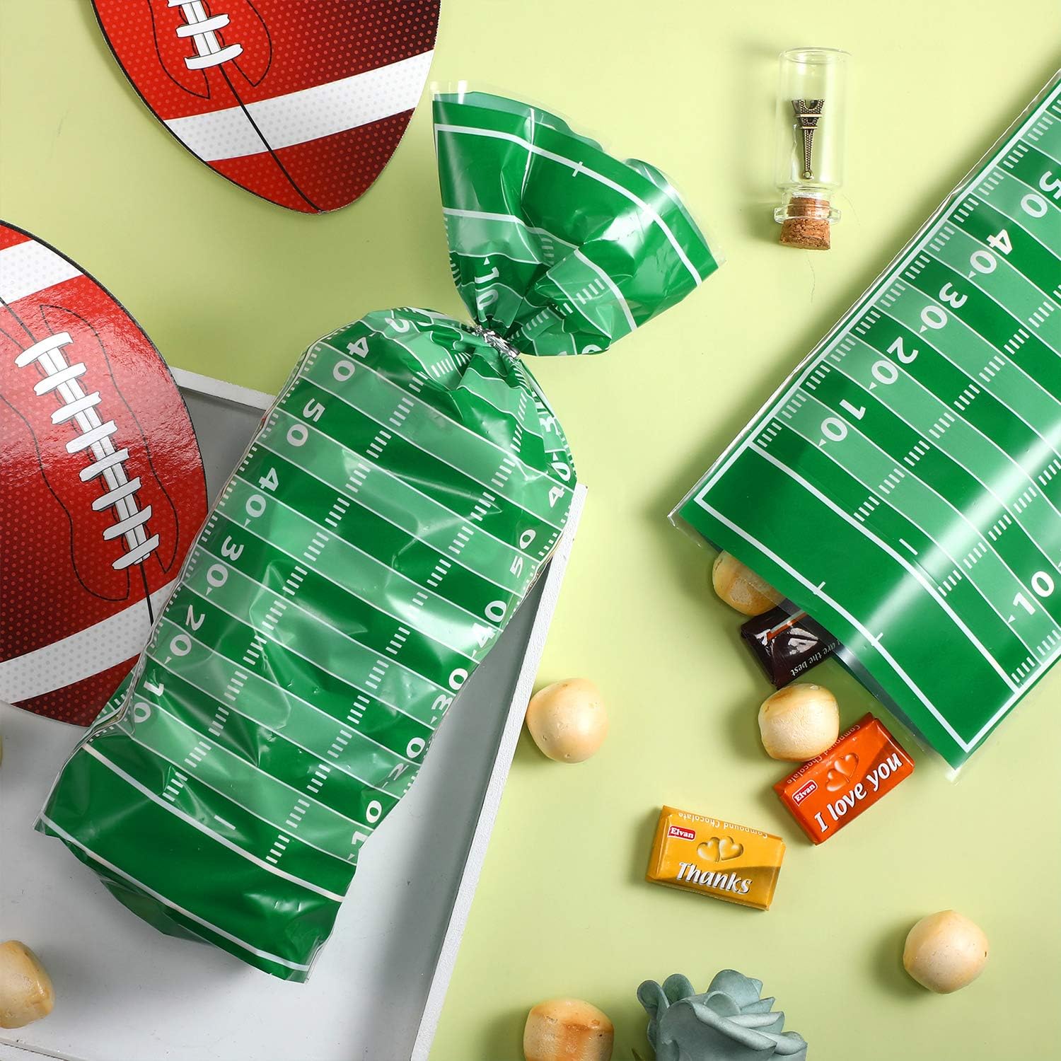 Blulu 100 Pcs Football Goodie Bags Football Cellophane Snack Bags Plastic Heat Sealable Candy Cellophane Treat with Silver Twist Ties Sports Party Favor for Foot Ball Theme Birthday Party Decorations - Image 5