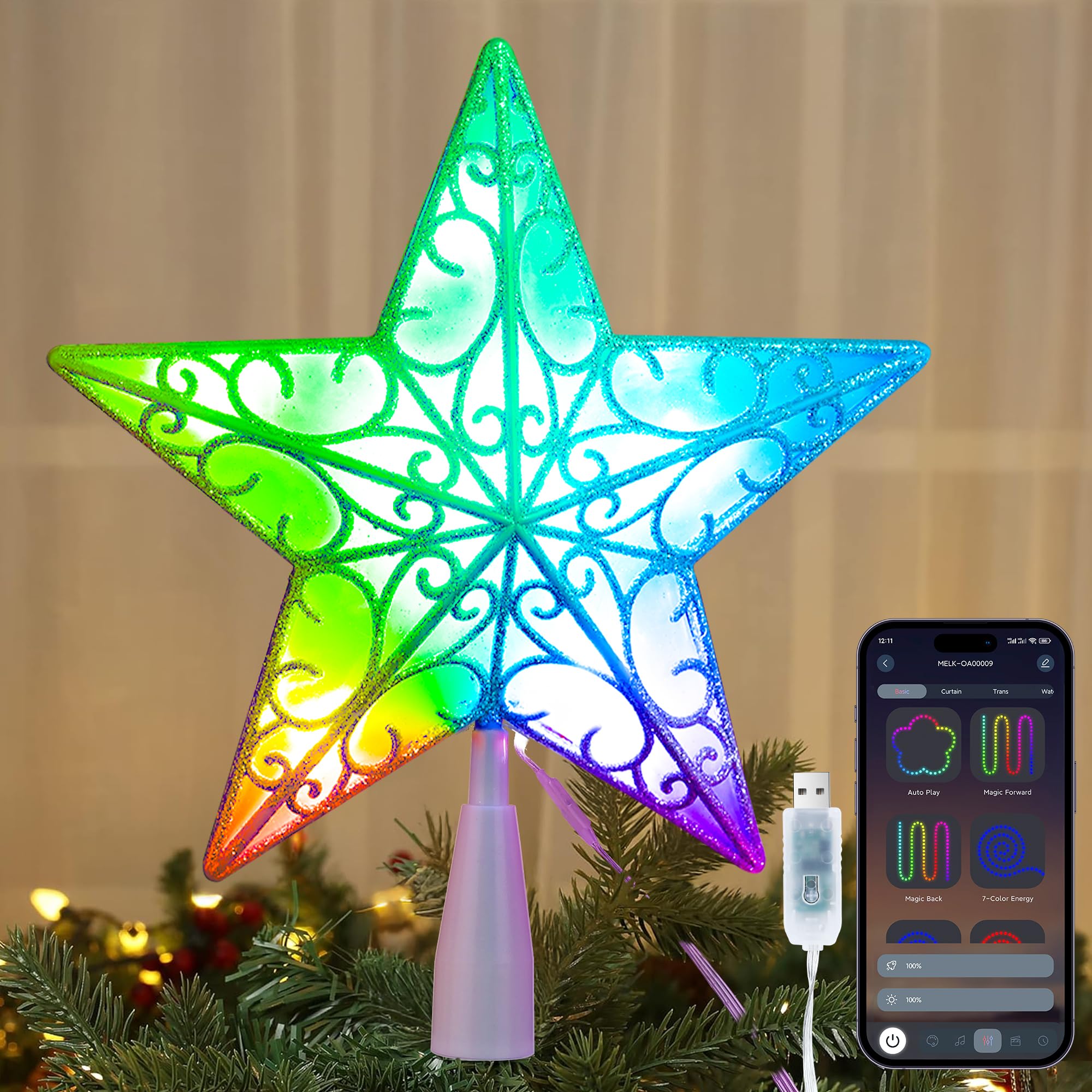 Photo 1 of Brizled Smart Christmas Star Tree Topper, 9" 11 LED 200+ Dynamic Modes RGB 3D Star Treetop Bluetooth App Control, Color Changing USB Christmas Tree Topper, Music Sync Tree Top Star for Xmas Holiday
