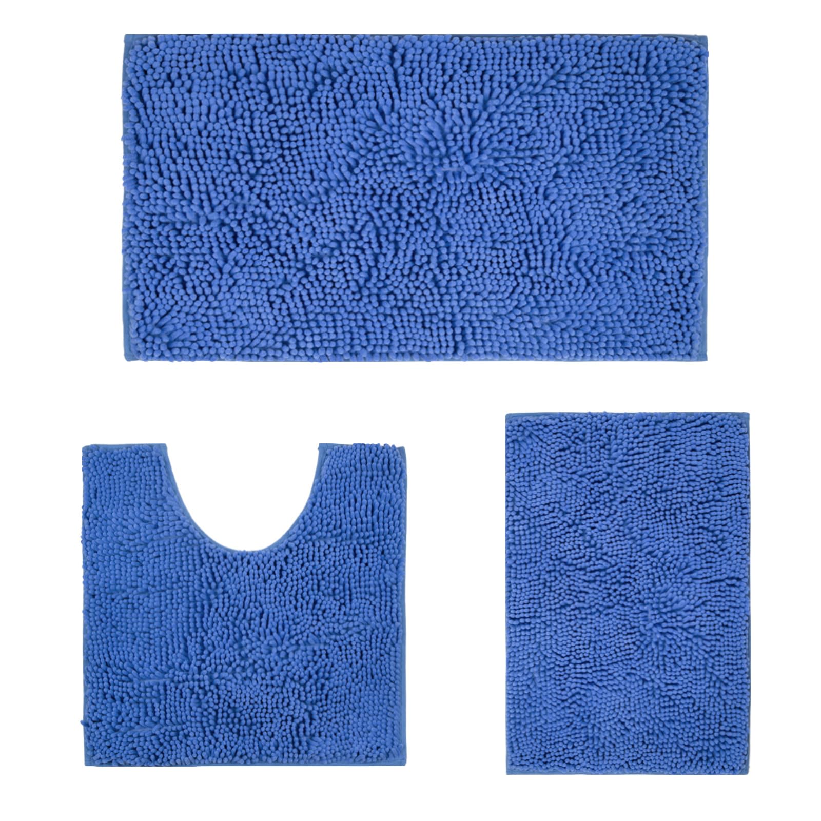 RUN HELIX Ultra Soft Chenille Bath Mat Non Slip, Bath Mat Set 3 Piece, Shaggy Bathroom Mats, Absorbent Bath Mats for Bathroom, Fluffy Bathrooms Mat Set with U-Shaped Toilet Rug (Denim Blue)