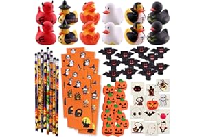 NEWBEA 156 Piece Halloween Party Favors Toys Assortment | 72 Halloween Glitter Tattoos | 48 Halloween Erasers | 12 Halloween Ducks | 12 Halloween Sticker Sheets | 12 Halloween Pencils