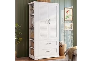 IRONCK Armoire Wardrobe Closet, 70.87" H Wooden Bedroom Armoire with 2 Louvered Doors, 2 Drawers and Shelves, Large Freestanding Clothing Storage Cabinet, White