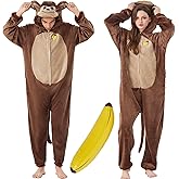 Adult Monkey Onesie Costume, Flannel Monkey Pajamas Halloween Animal One Piece Sleepwear Homewear for Men Women