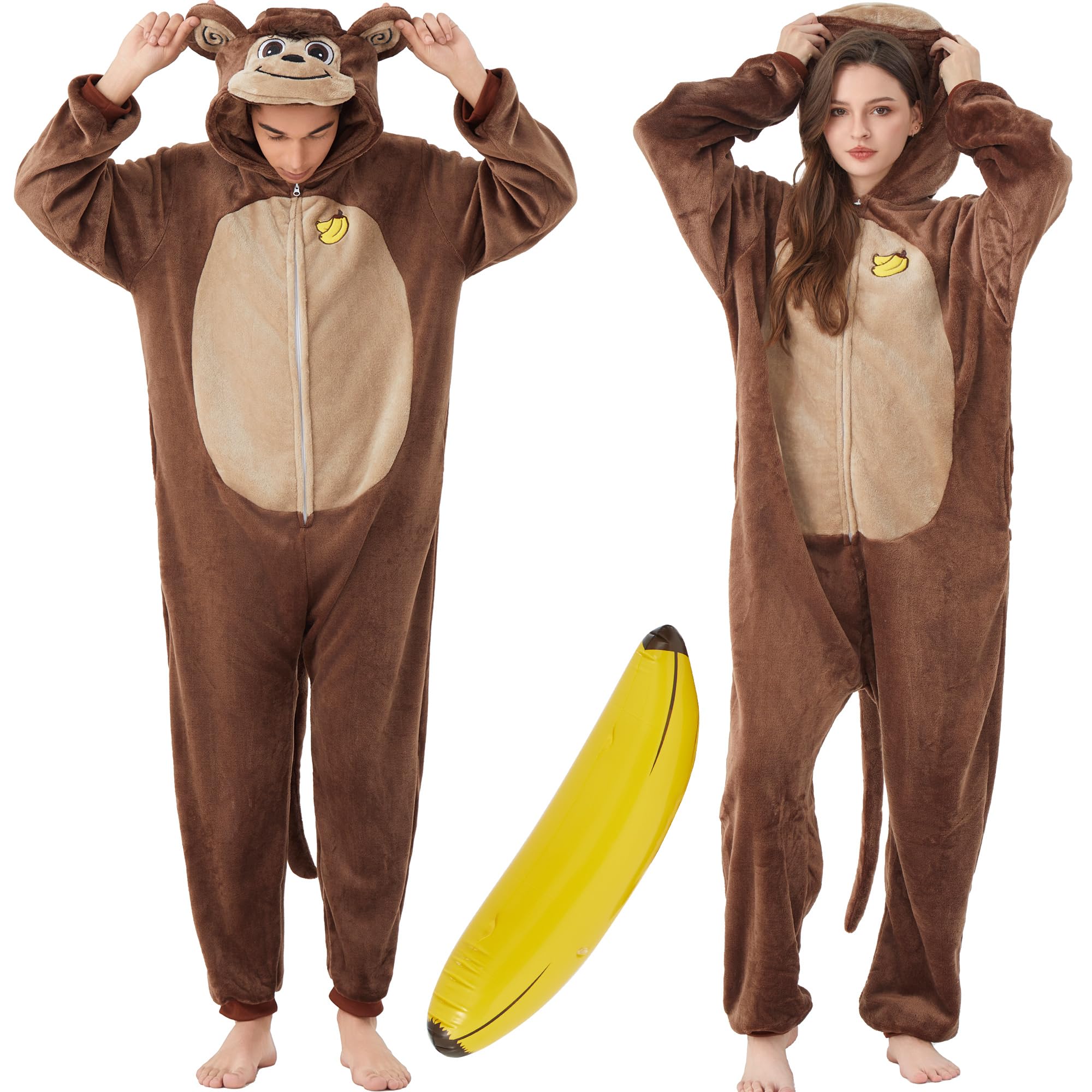 Photo 1 of *MINOR DAMAGE - USED*
Owurha Adult Monkey Onesie Costume, Flannel Monkey Pajamas Halloween Animal One Piece Sleepwear Homewear for Men Women
