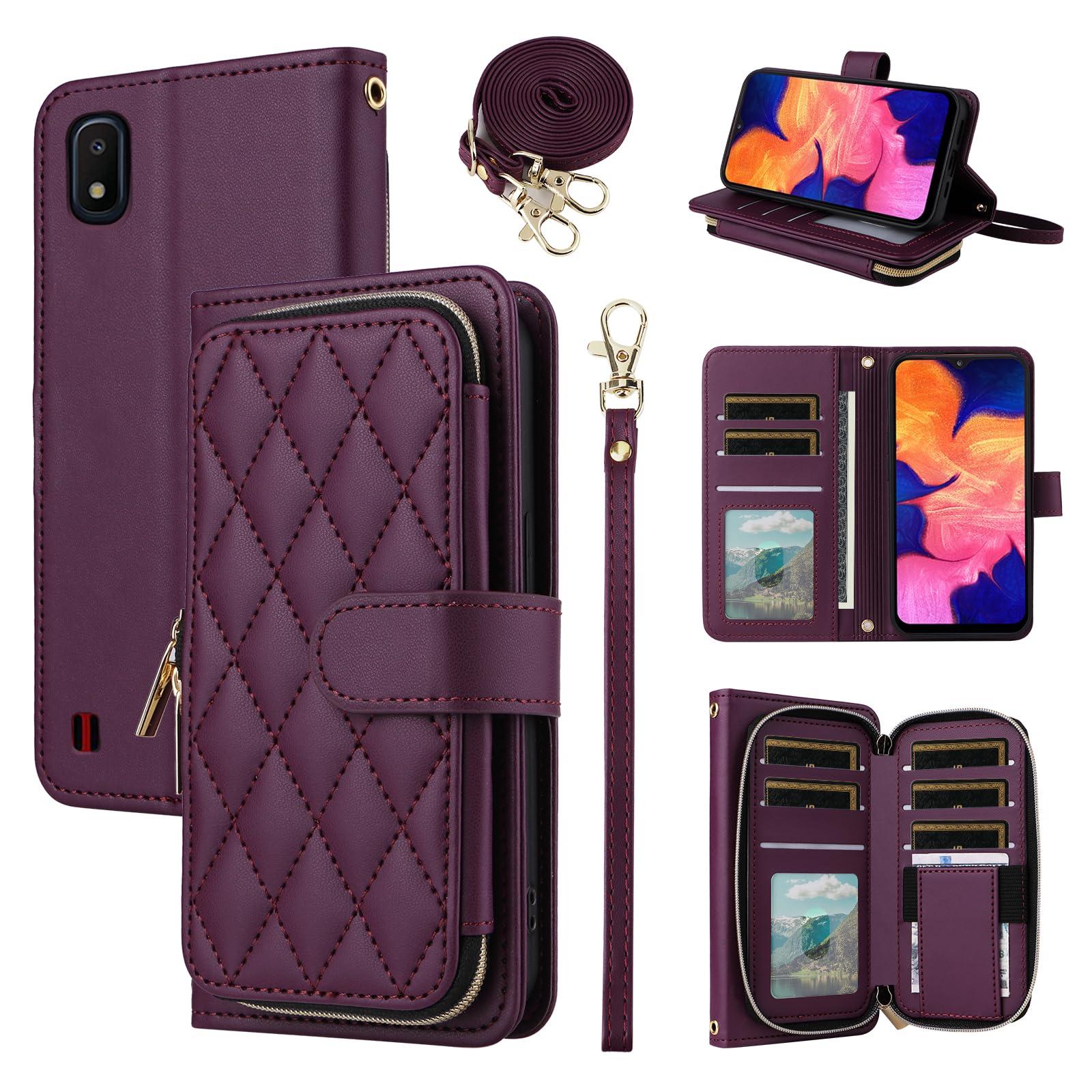 Furiet Argyle Wallet Case for Samsung Galaxy A10 with Wrist Strap Shoulder Strap, 9+ Card Slots Zipper Purse Luxury PU Leather Stand Phone Cover for A 10 10A SM A105M 6.2 inch Women Girls Deep Purple