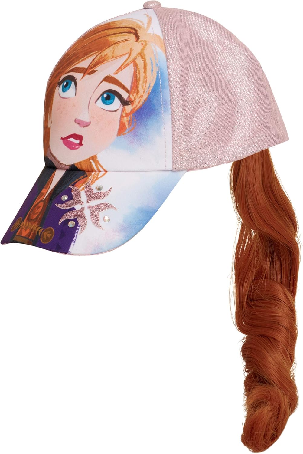 Disney Girls' Frozen Baseball Caps - 2 Pack Elsa and Anna Glitter Hat with Faux Ponytail Set (Ages 4-7), Size Age 4-7, Elsa/Anna Ponytail Cap: Clothing