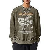 Pairxily Mens Oversized Crewneck Sweatshirt Vintage Los Angeles Graphic Washed Sweatshirts with Pockets Streetwear Pullover