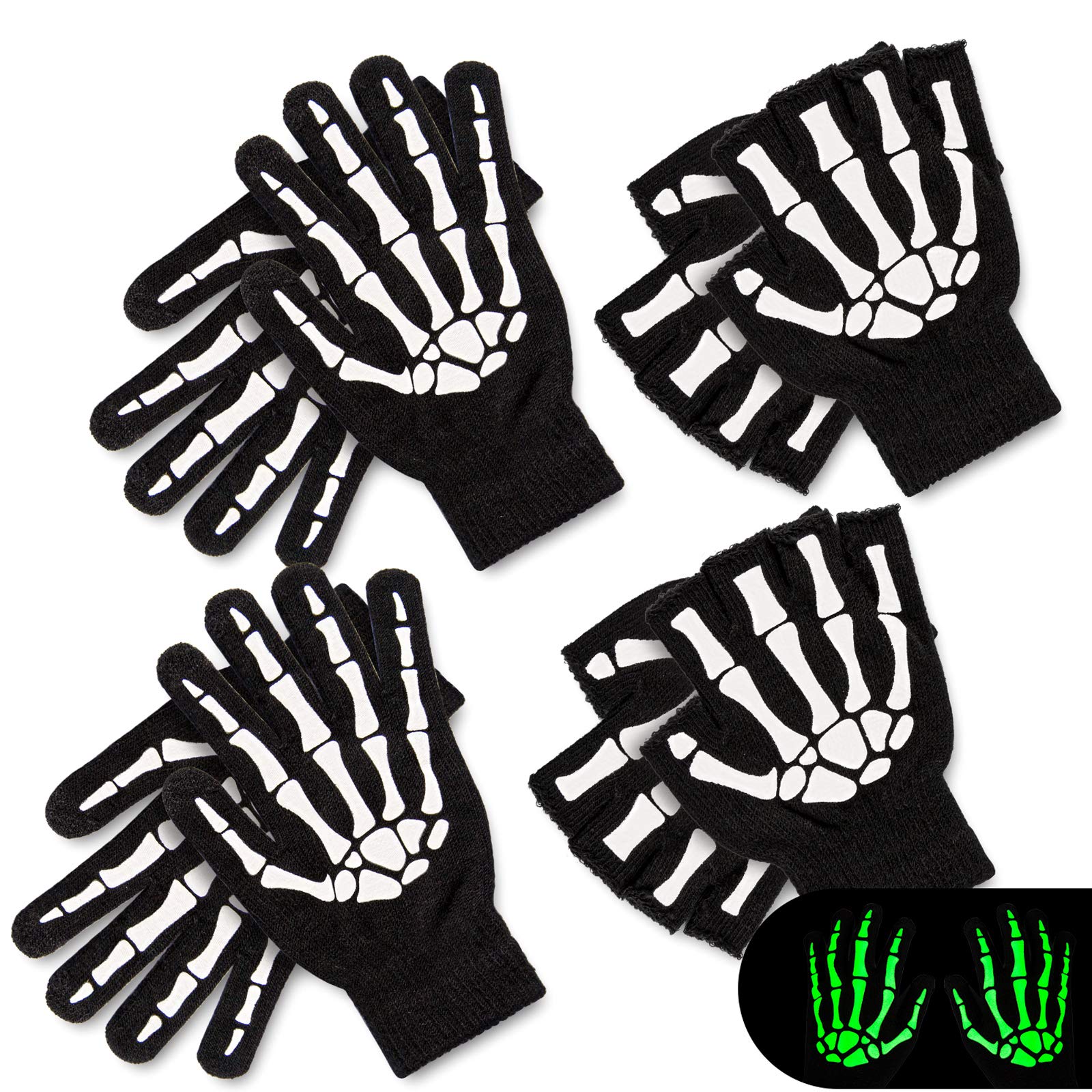 Whaline 4 Pairs White Skeleton Gloves, Halloween Bone Gloves for Adults, Glow in the Dark, Unisex Knitted Gloves, Full Finger and half-finger, for Costume Party, Cosplay, Cycling, Running, Black