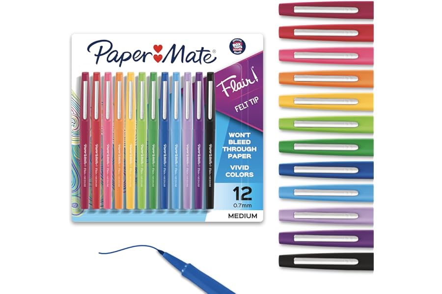 Paper Mate Flair Felt Tip Pens, Medium Point (0.7mm), 12 Count - For Arts & Crafts, Note-Taking, Journaling, School Supplies for Teachers & Students