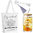 Inbagi Book Lovers Gifts Set Include 16oz Drinking Glass with Bamboo Lid and Straw for Library Tote Bag Stainless Steel Bookmark Gift for Reader Teacher Women(Elegant, 13 x 15 x 4'')