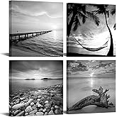 sechars - Black and White Beach Wall Art Seascape Painting Sunrise Scenery Picture Giclee Canvas Print Framed for Living Room Bedroom Bathroom Home Office Wall Decoration