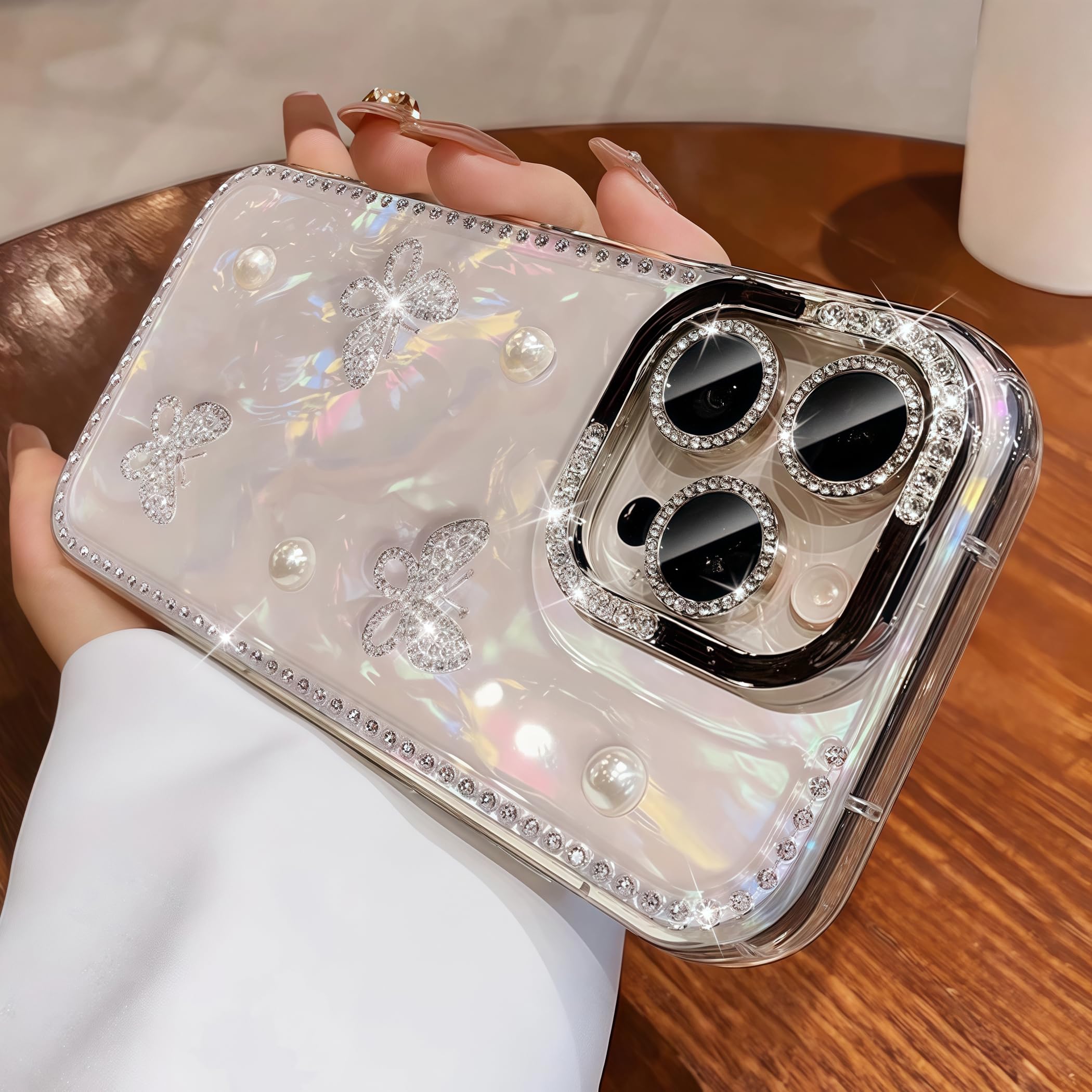 MOSEZA Compatible with iPhone 17 Pro Case, Cute Girly Glitter Bling Butterfly Design with Camera Lens Protector for Women Girls Clear