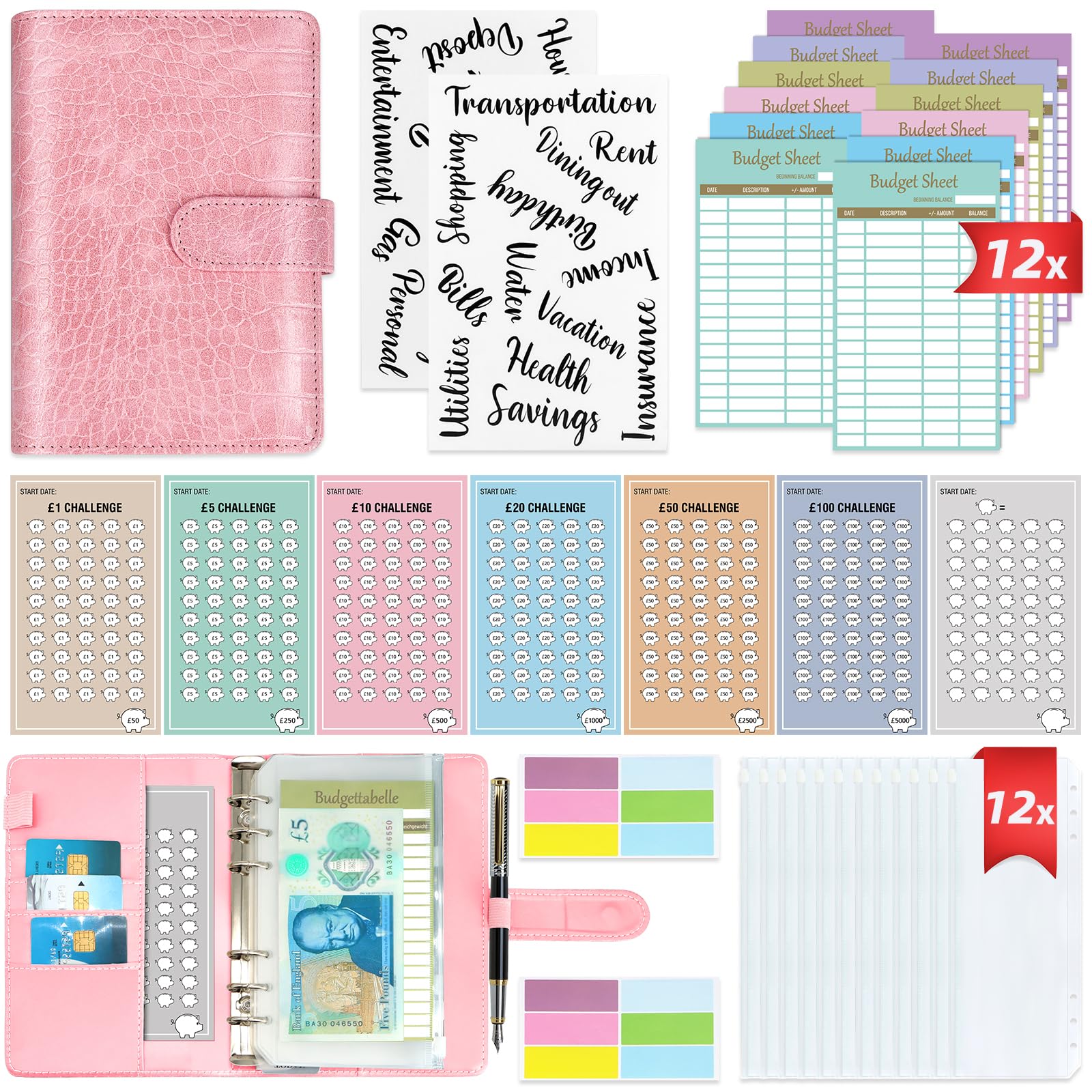 2 in 1 Budget Planner, A6 Money Saving Wallet with 7 Savings Challenge Trackers, Budget Binder with 12 Cash Envelopes and 12 Expense Sheets, Cash Stuffing Money Organiser Book for Travel Diary, Pink