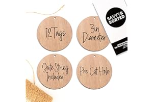 SAVVY & SORTED 12 Round Wood Ornament Tags - 3" Wooden Tags Wood Circles for Crafts with Precut Hole + Jute String - Basket Labels Hanging Label Tags Round Wood Circle Ornament Hanging Tags - Personalized Gift Tags