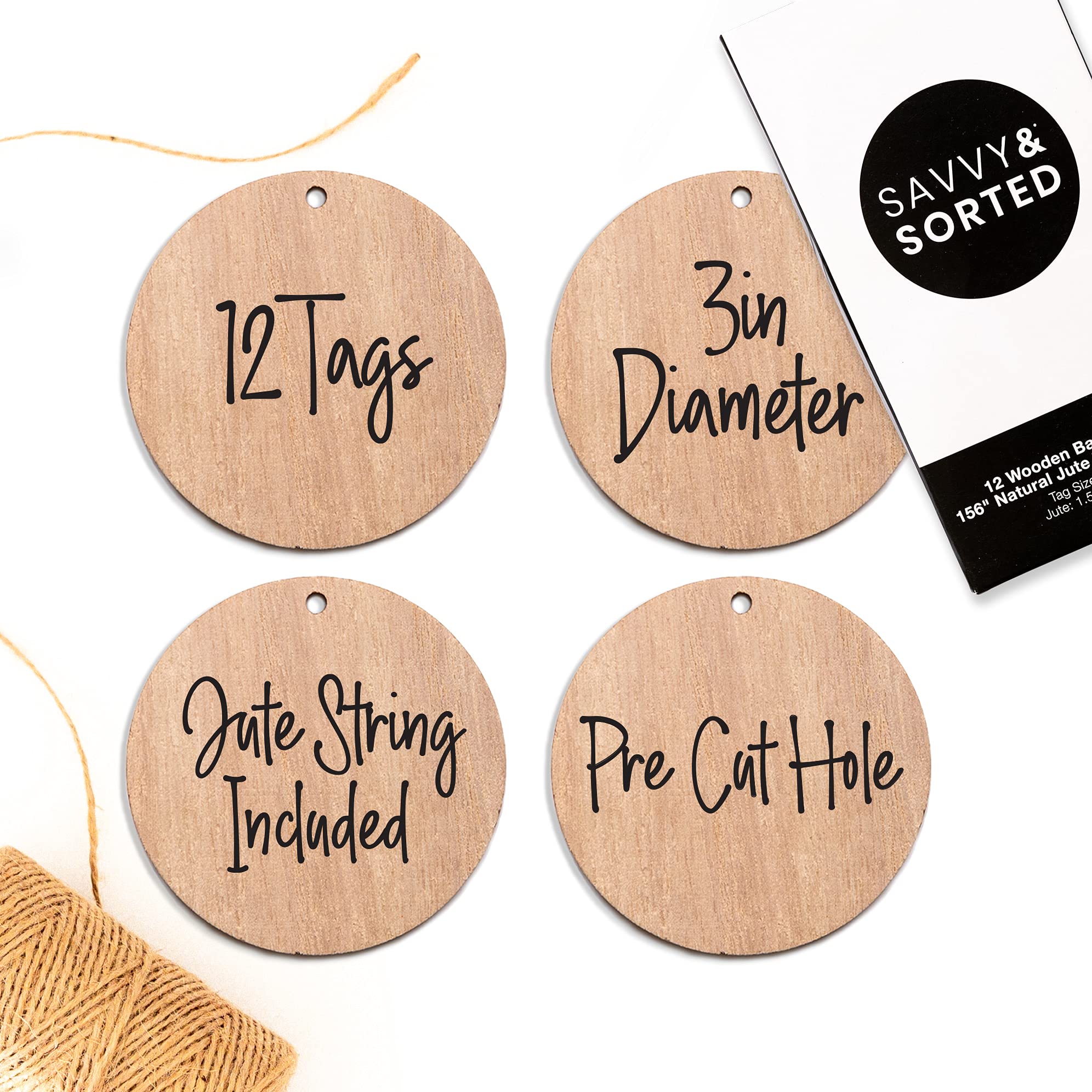 Photo 1 of 12 Round Wood Ornament Tags, 3" Wooden Circles for Crafts or Storage Bins, Hanging Label with Jute String, Personalized Gift Tag
