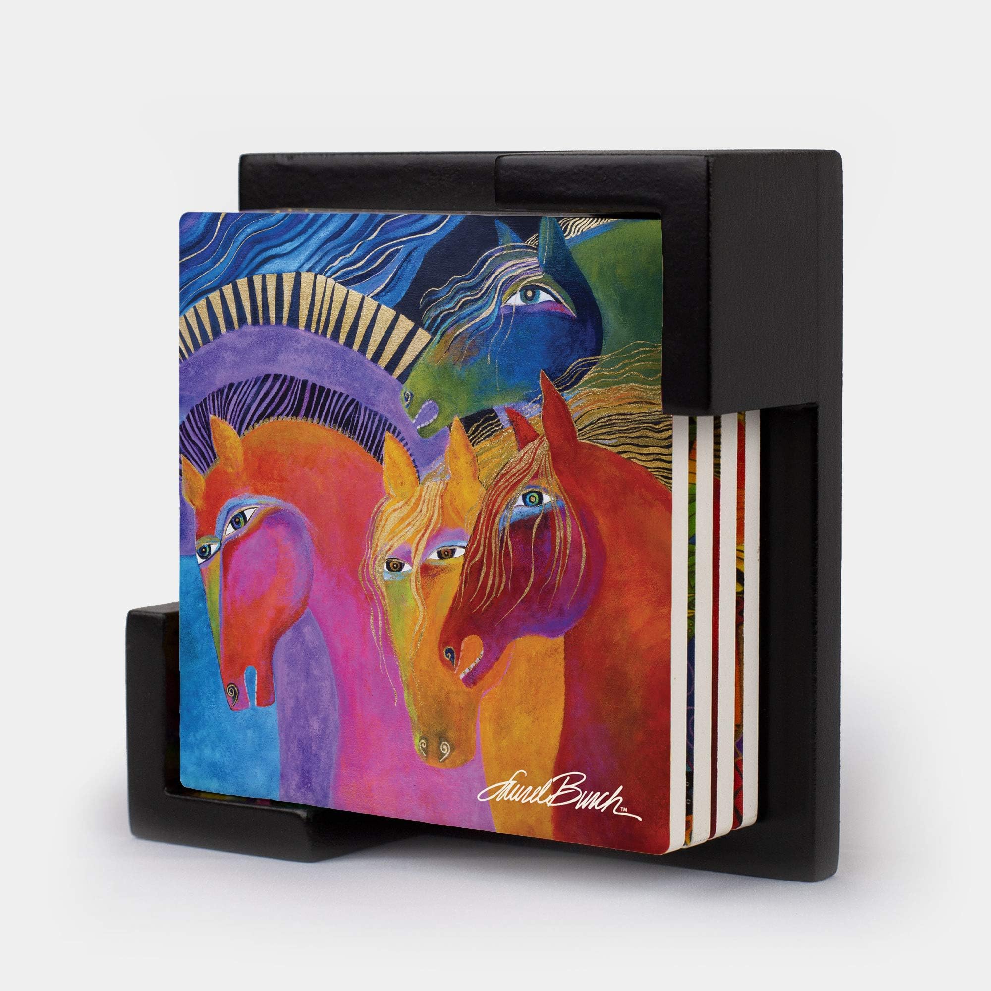 Monarque Ceramic Four Drink Coasters and Holder, Laurel Burch (Wild Horses of Fire)