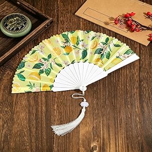 Lemon Print Folding Hand Fan with Tassel, Summer Floral Foldable Fan, Lightweight Portable Handheld Fans for Women, Beach Par