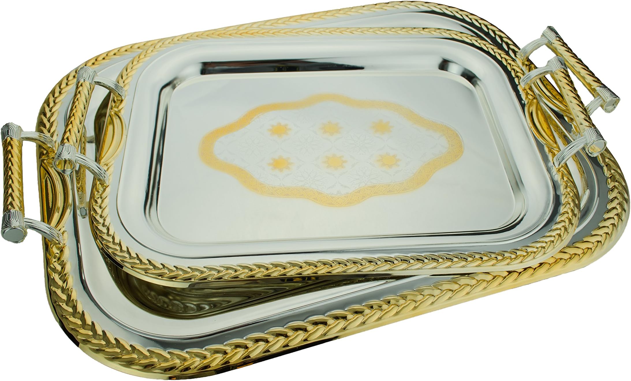 2-Piece Andalusia Rectangle Decorative Serving Tray Set, Silver/Gold