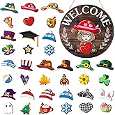 35 Pcs Holiday Interchangeable Highland Cow Welcome Sign Highland Cow Seasonal Wooden Hanging Door Decor St Patrick's Day Farmhouse Hanging Sign for Front Door Easter Party Decoration