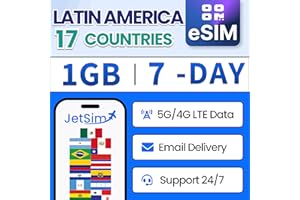 South America Travel eSIM 7-Day 1GB High-Speed & Unlimited Basic Data, Coverage in Brazil, Mexico, Colombia, Costa Rica & Mor