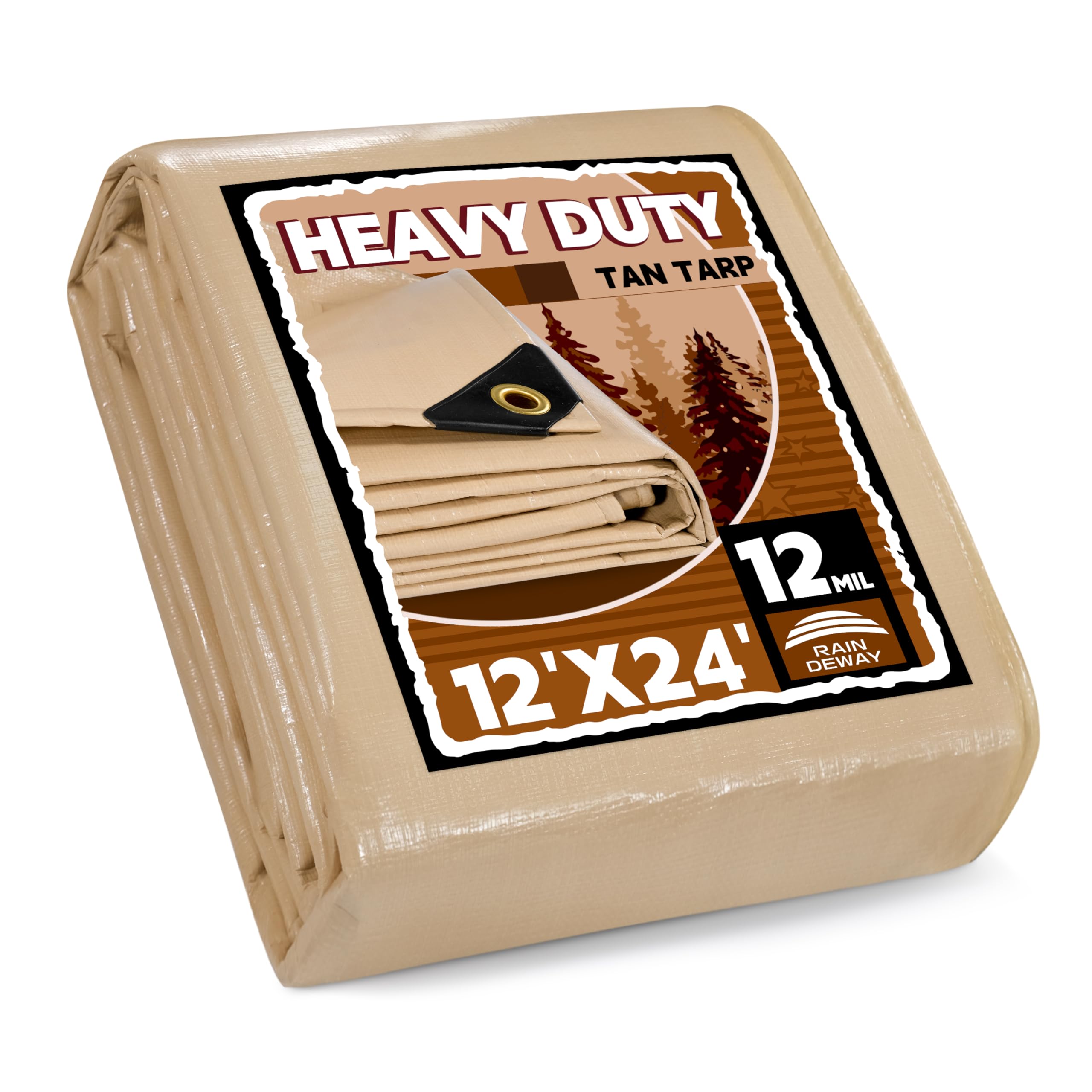 RAINDEWAY 12x24 Feet Heavy Duty Tarp,12 Mil Tan Waterproof Poly Tarp Cover,UV Resistant,Weatherproof,Durable,Multipurpose Tarps with Grommets and Reinforced Edges Image