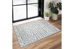 KUTA Moroccan Rugs for Entryway, 2x3 Grey Washable Small Area Rug, Non-Slip Ultra Soft Vintage Geometric Low-Pile Indoor Door Mat Floor Carpet for Indoor, Entrance, Kitchen