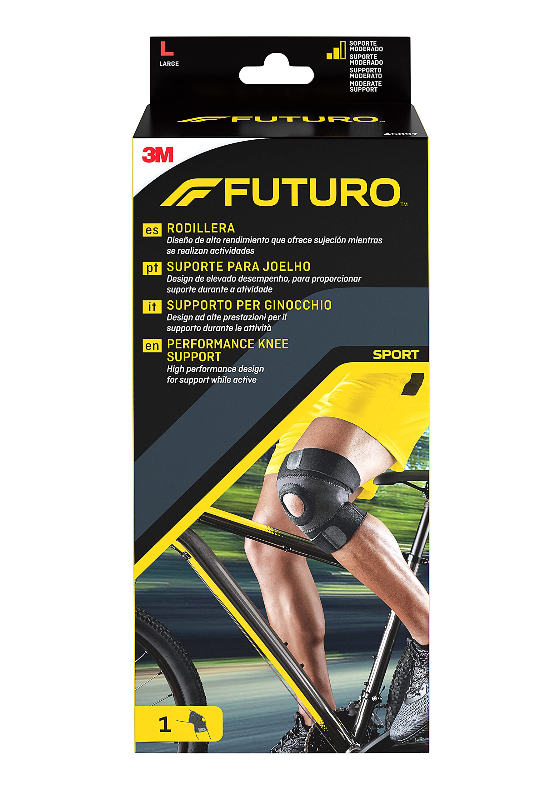 FUTURO Performance Knee Support, Large (43.2 - 48.3 cm) – General Support, Breathable and Odour-Resistant, Open Patella Design, Adjustable Fit
