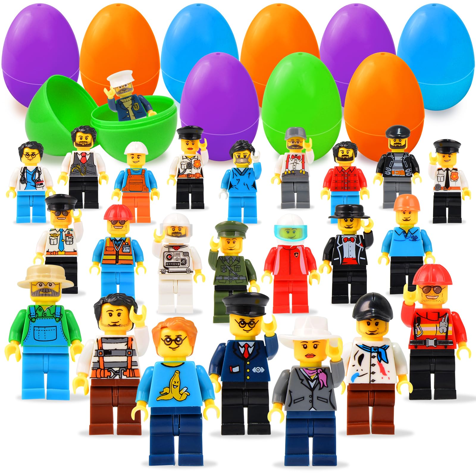 Hekaty 24PCS Easter Eggs + 24PCS Mini People Easter Egg Fillers Easters Basket Stuffers For Kids Supprise Plastic Eggs Easters Gifts Toys Party Favors For Kids Boys Girls Toddlers