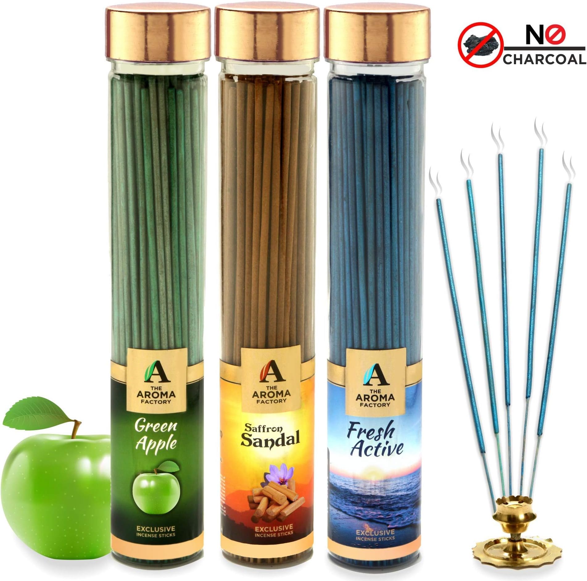 The Aroma Factory Chandan Saffron Sandal Wood, Green Apple and Fresh Active Incense Sticks Agarbatti (Bottle Pack of 3 x 100)