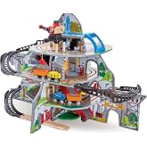 Hape Wooden Railway Mighty Mountain Mine Railway Playset| 4-Level Railway Train Track Playset with Crane and Magnetic Train Cars for Kids