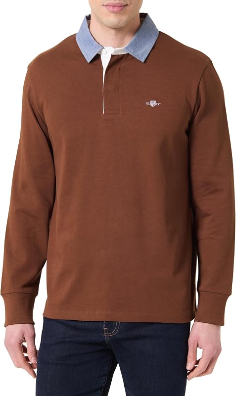 Reg Chambray Heavy Rugger Polo, Marron Acajou, M Hommes