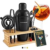 Modern Mixology Cocktail Shaker Set - 8 Piece Bartender Kit on Quality Pine Stand | Complete Cocktail Kit Gift Set | Top Bartender Gifts for Men | Leak Proof Design (Black)