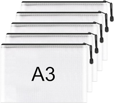 Umriox A3 Document Folder Thick Zipper File Bags 5Pcs Waterproof Mesh
