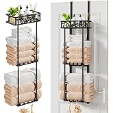 HapiRm Towel Rack Bathroom Storage - 3 Tier Over The Door & Wall Mounted Rolled Towel Racks Holder Organizer with Metal Shelf and 6 Hooks for Small Bathroom, Camper, Rv - Black (for 1.77 in Doors)